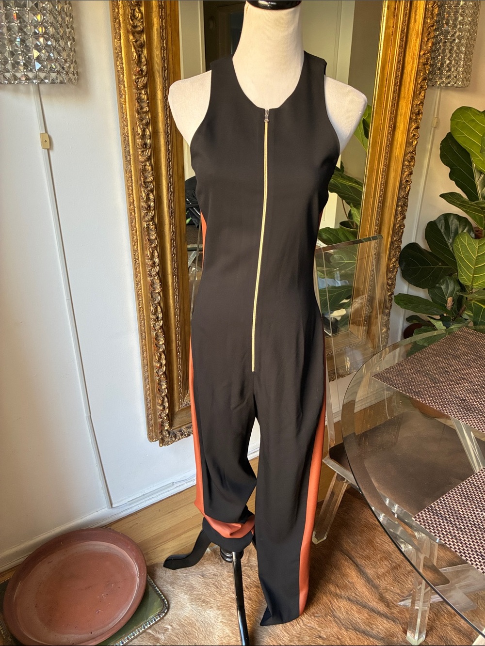 L’agence Sleeveless Black Jumpsuit with Rust Side Panels and Front Zip